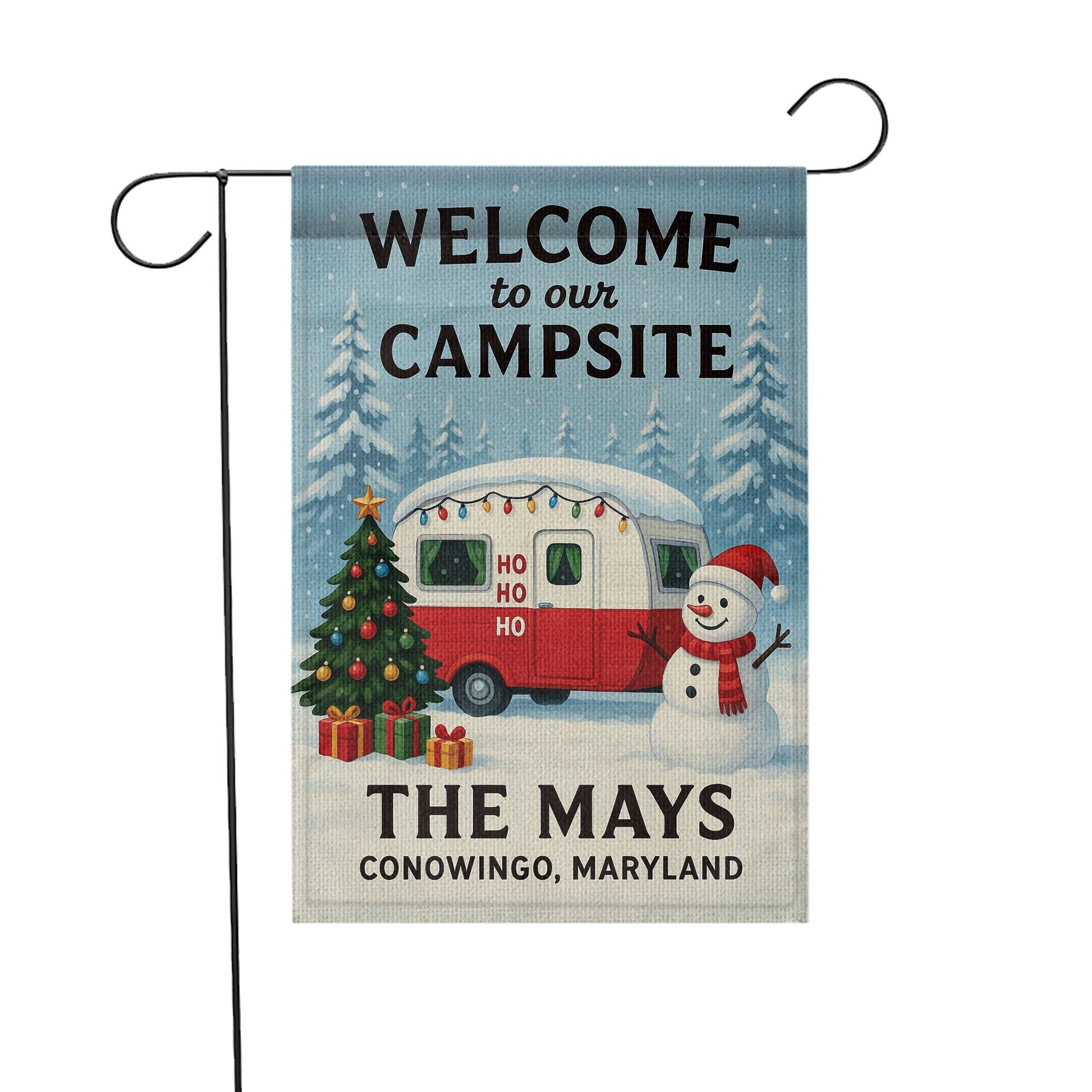 Welcome to Our Campsite Christmas Flag: Personalized Holiday Camper Garden Flag