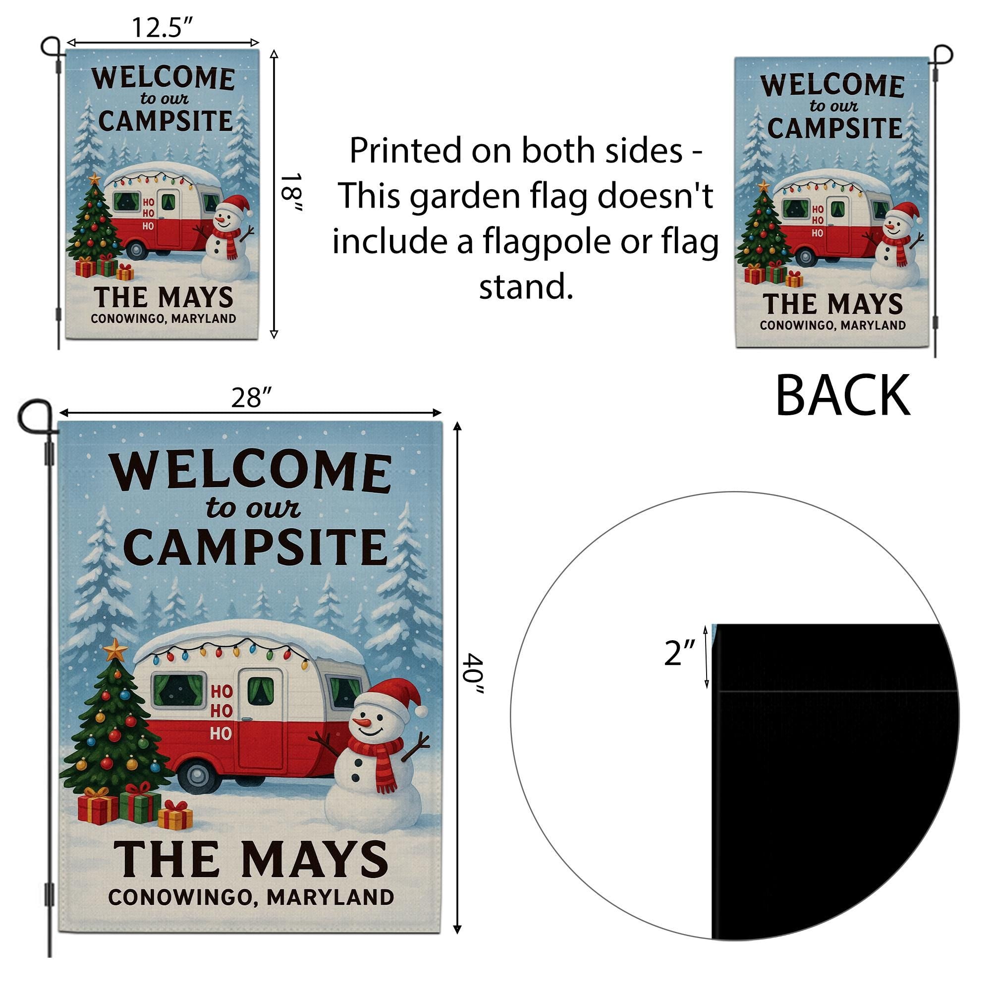 Welcome to Our Campsite Christmas Flag: Personalized Holiday Camper Garden Flag