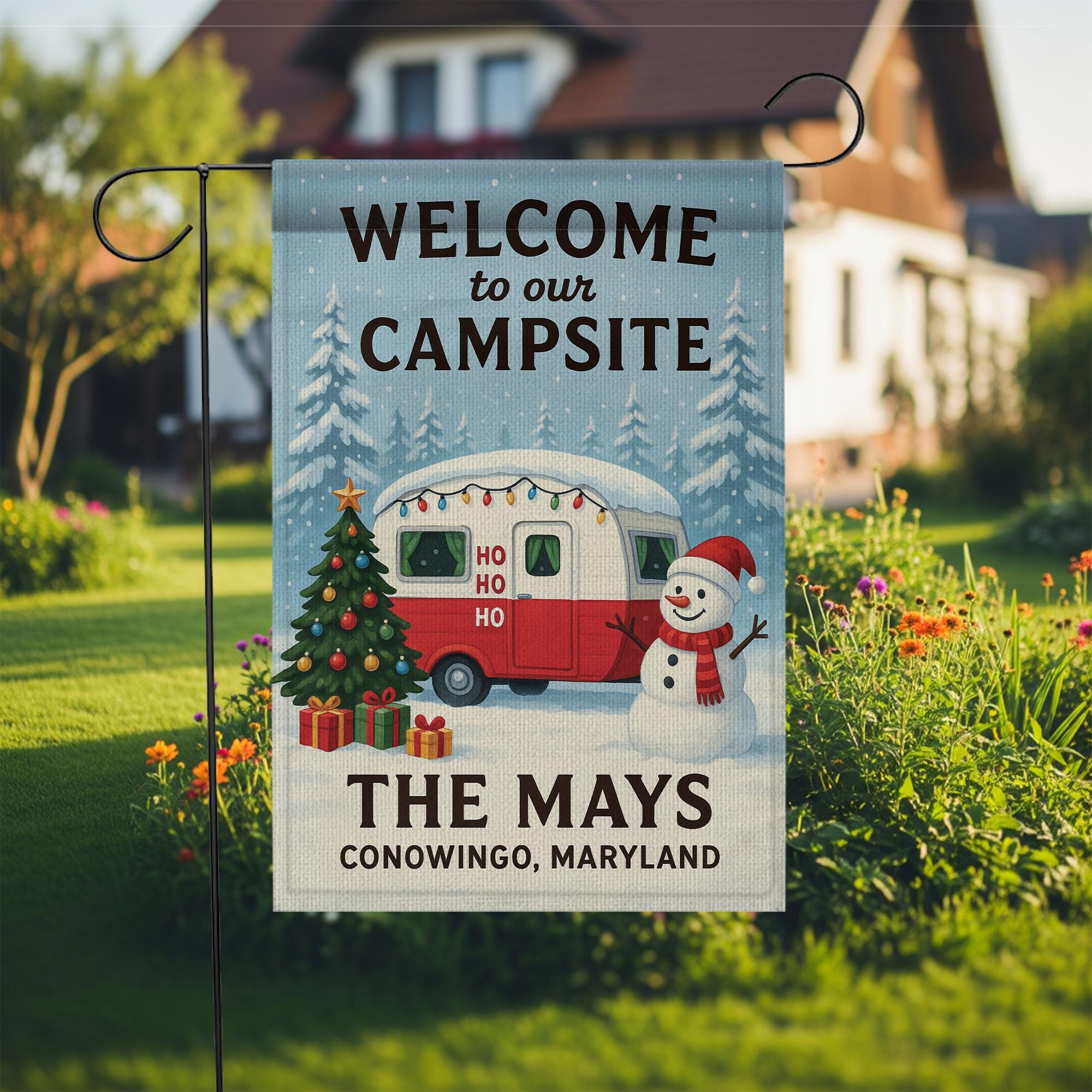 Welcome to Our Campsite Christmas Flag: Personalized Holiday Camper Garden Flag