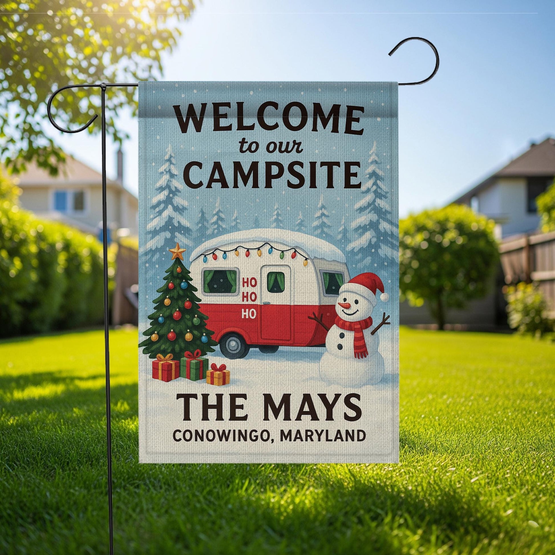 Welcome to Our Campsite Christmas Flag: Personalized Holiday Camper Garden Flag