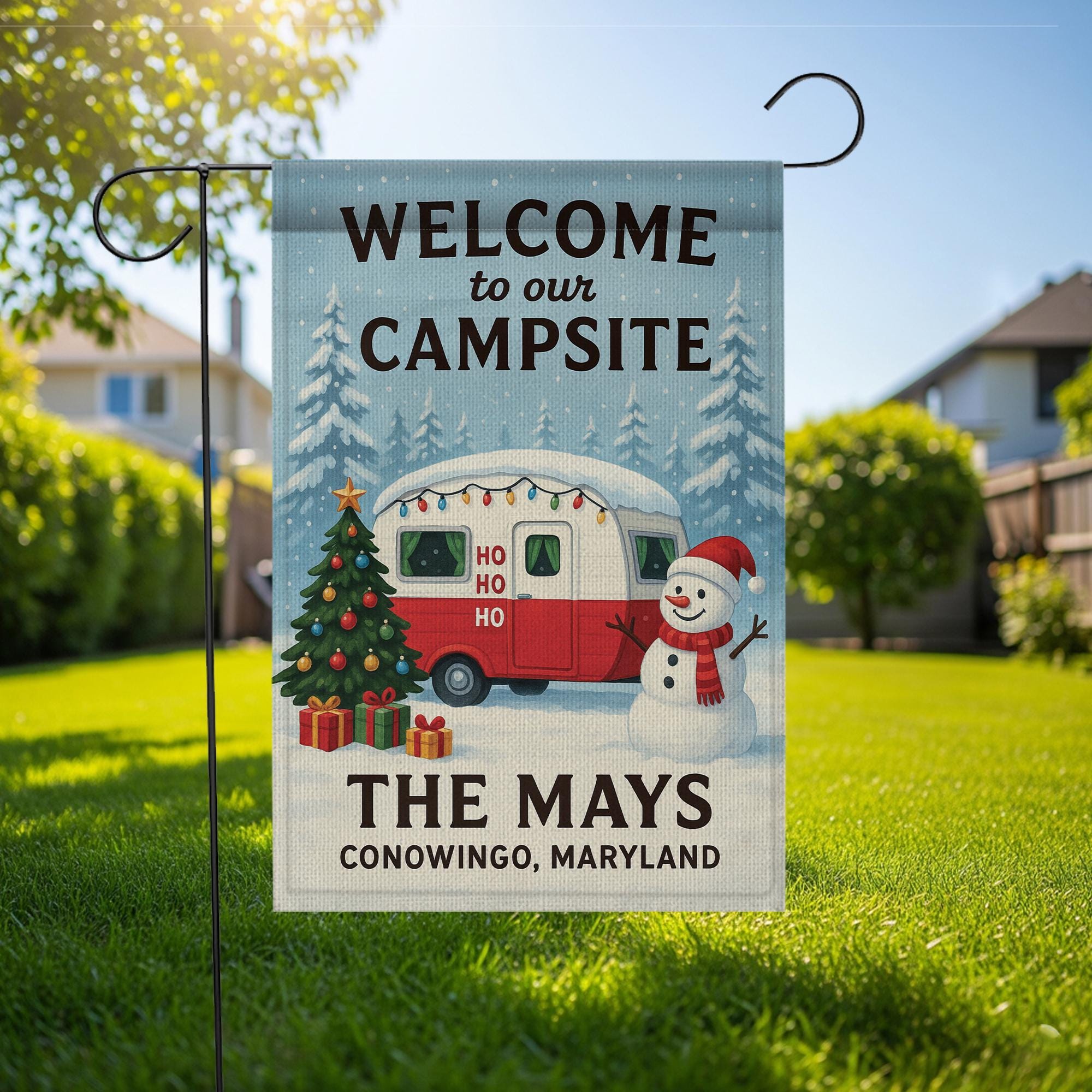 Welcome to Our Campsite Christmas Flag: Personalized Holiday Camper Garden Flag