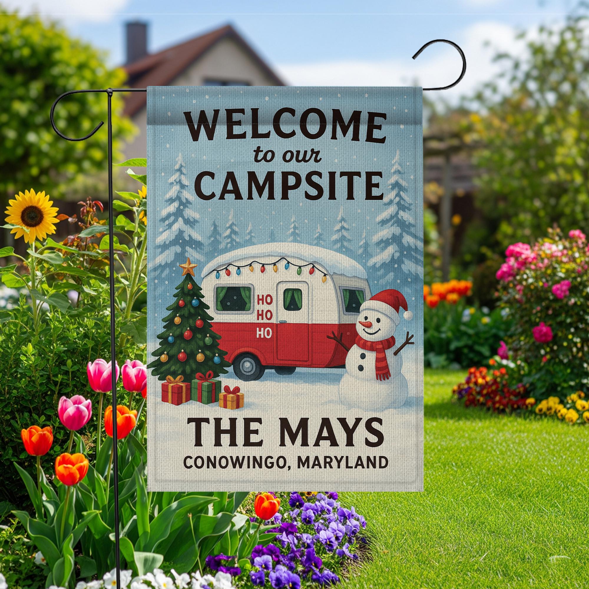 Welcome to Our Campsite Christmas Flag: Personalized Holiday Camper Garden Flag