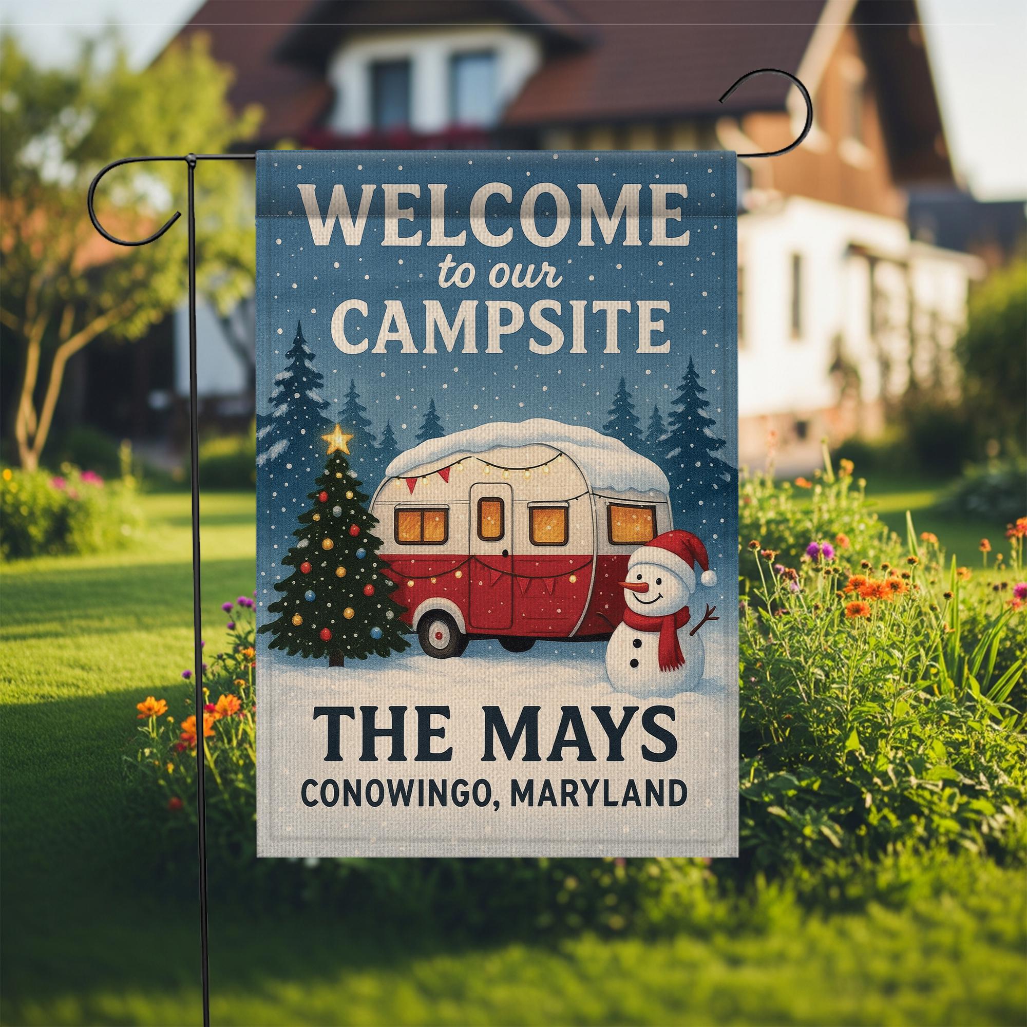 Welcome to Our Campsite Christmas Flag: Personalized Camper Garden Flag