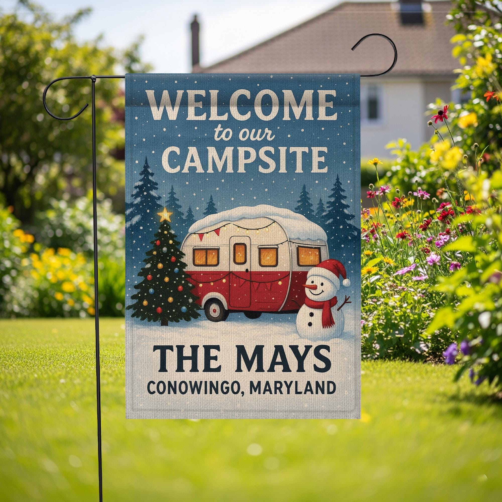Welcome to Our Campsite Christmas Flag: Personalized Camper Garden Flag