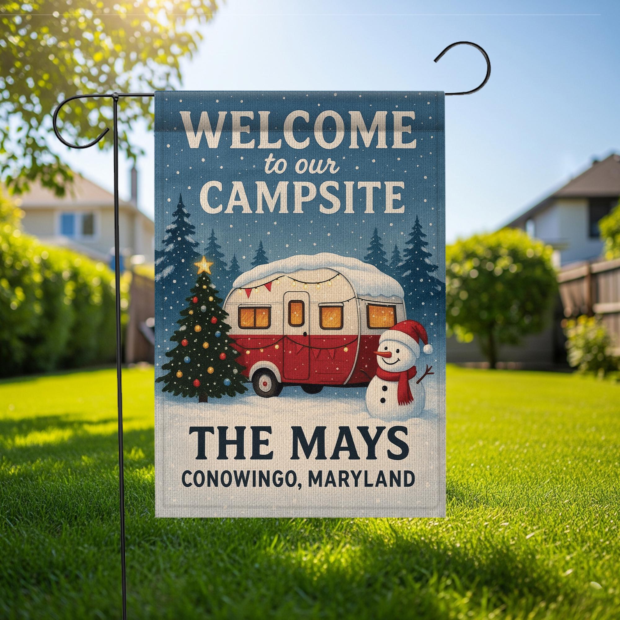 Welcome to Our Campsite Christmas Flag: Personalized Camper Garden Flag