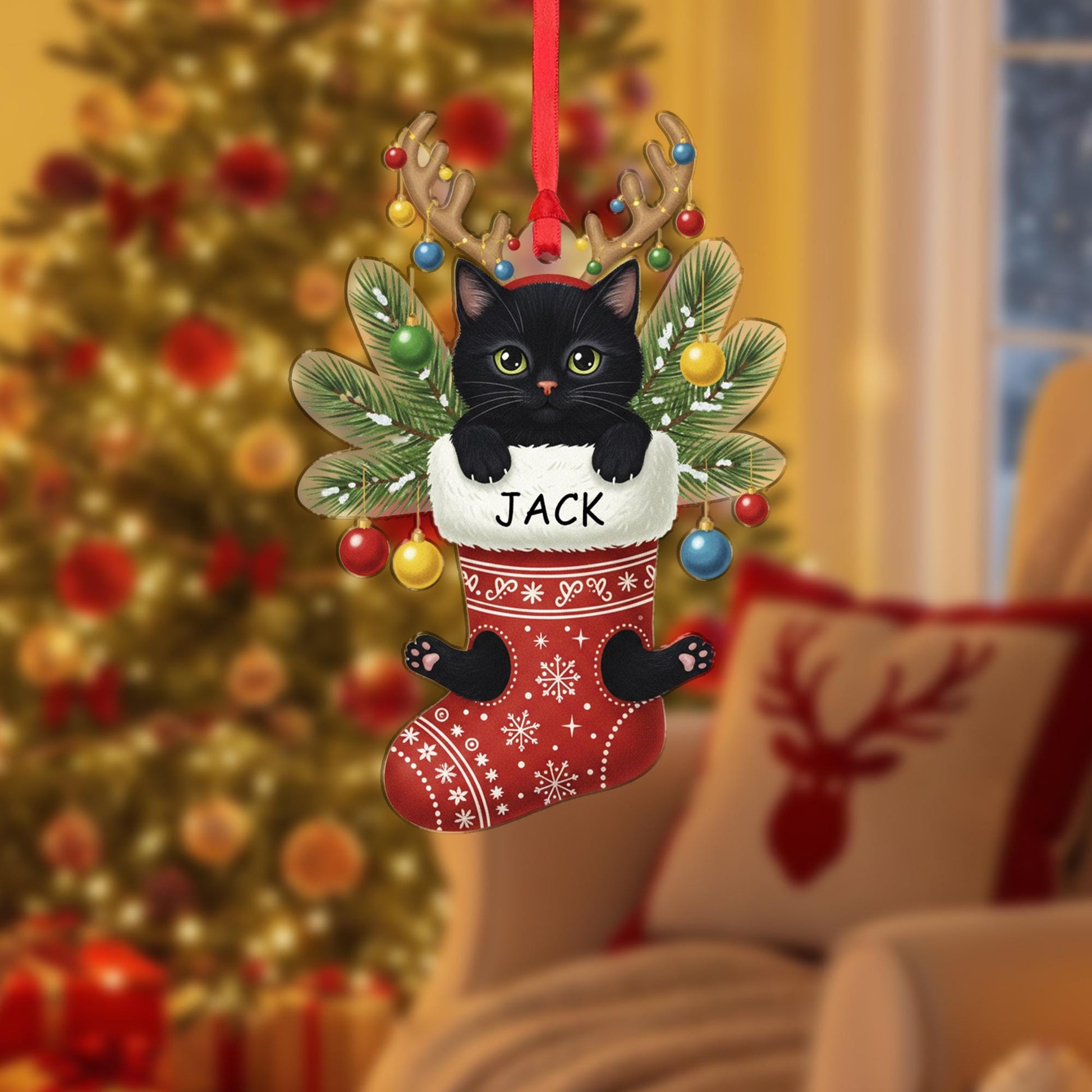 Personalized Black Cat Christmas Ornament: Custom Pet Stocking Decoration