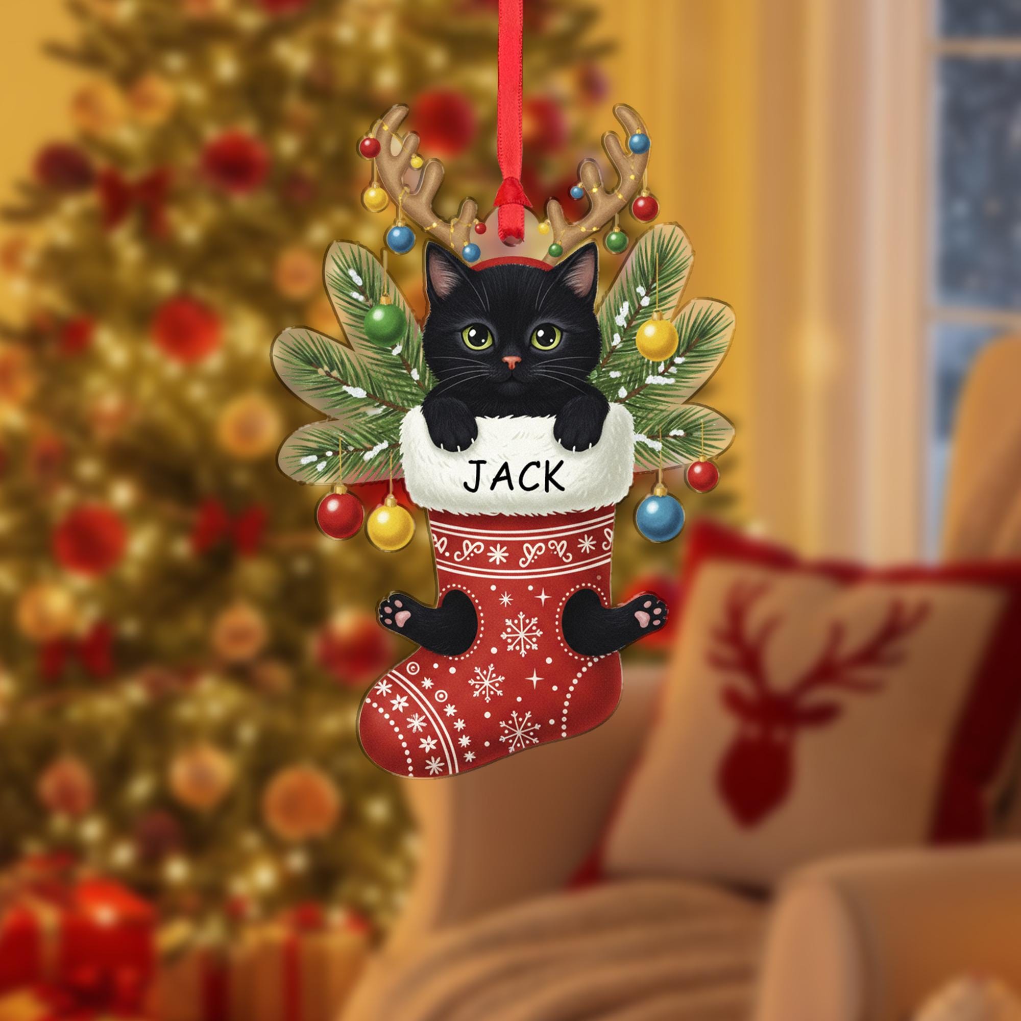 Personalized Black Cat Christmas Ornament: Custom Pet Stocking Decoration