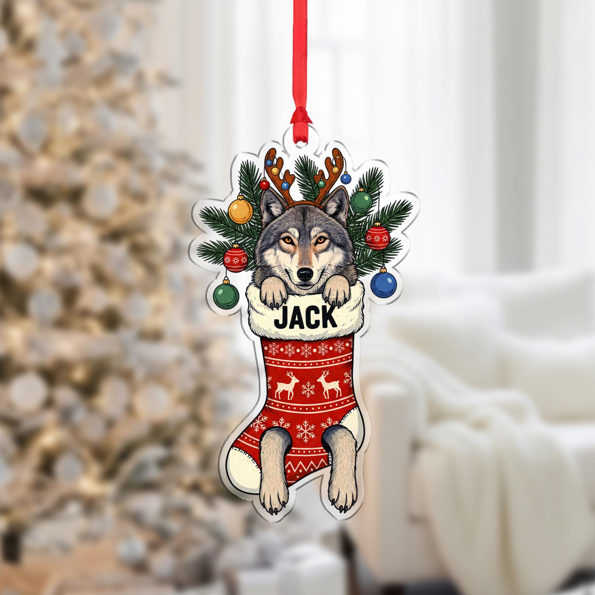 Personalized Wolf Christmas Ornament: Custom Animal Stocking Decoration