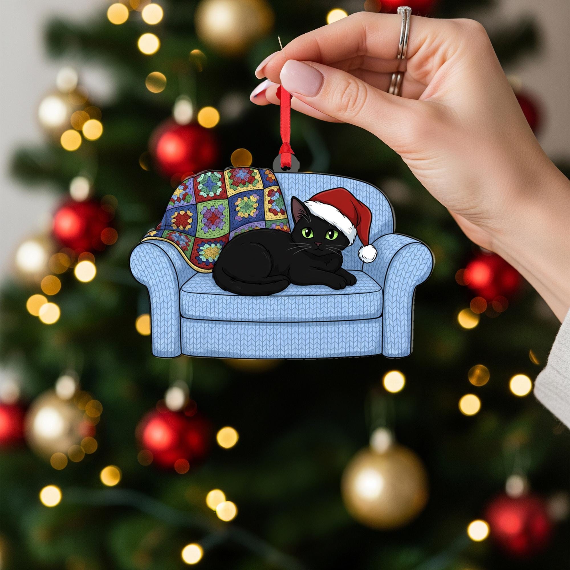 Black Cat Christmas Ornament: Couch Holiday Decoration