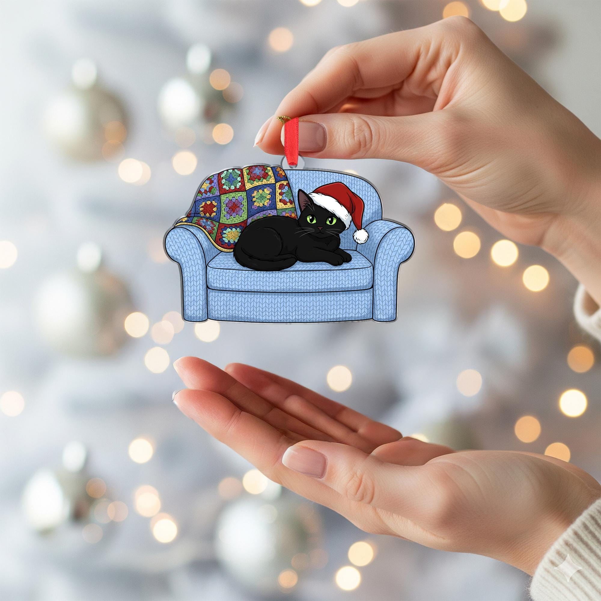 Black Cat Christmas Ornament: Couch Holiday Decoration