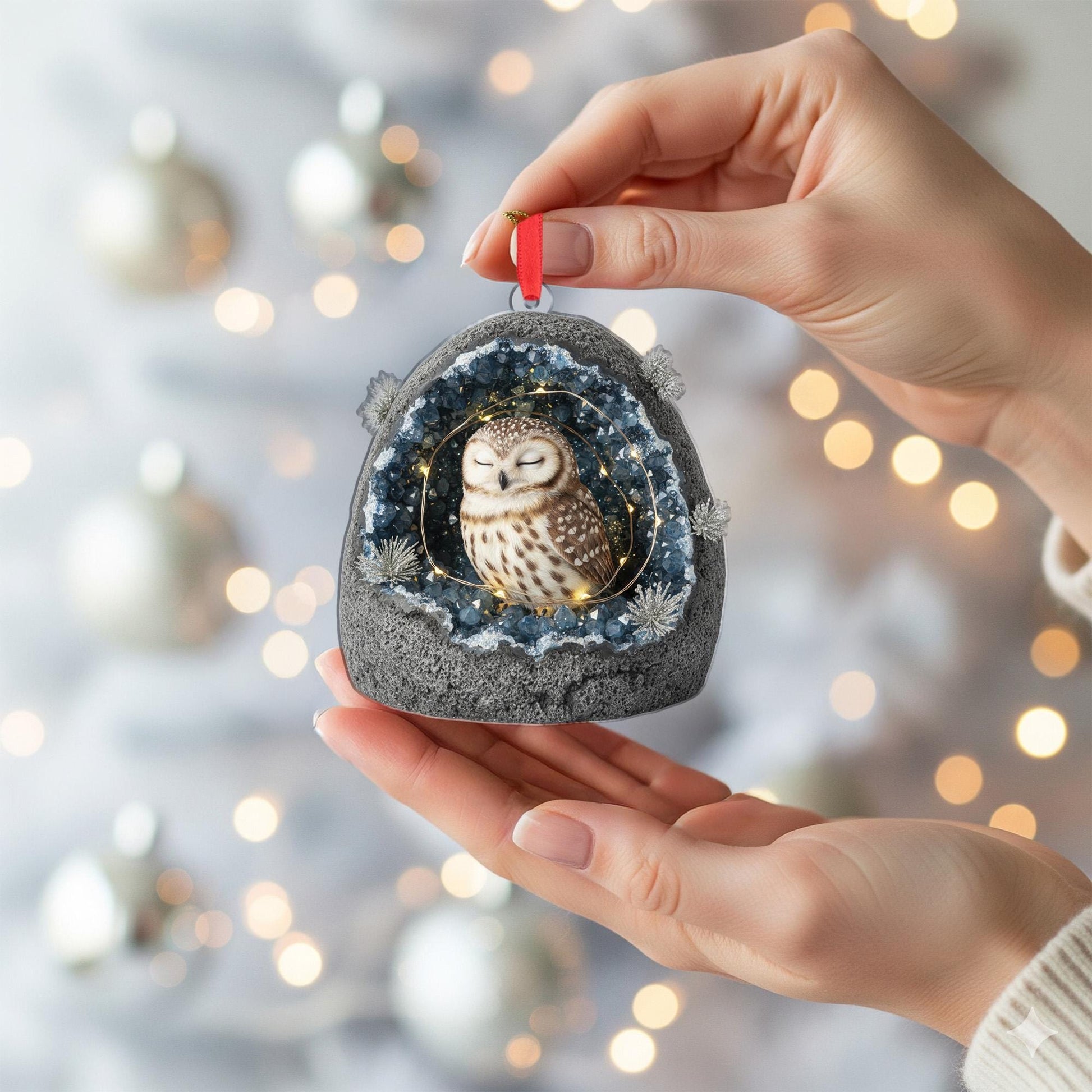 Owl Geode Christmas Ornament: Crystal Rock Holiday Decoration