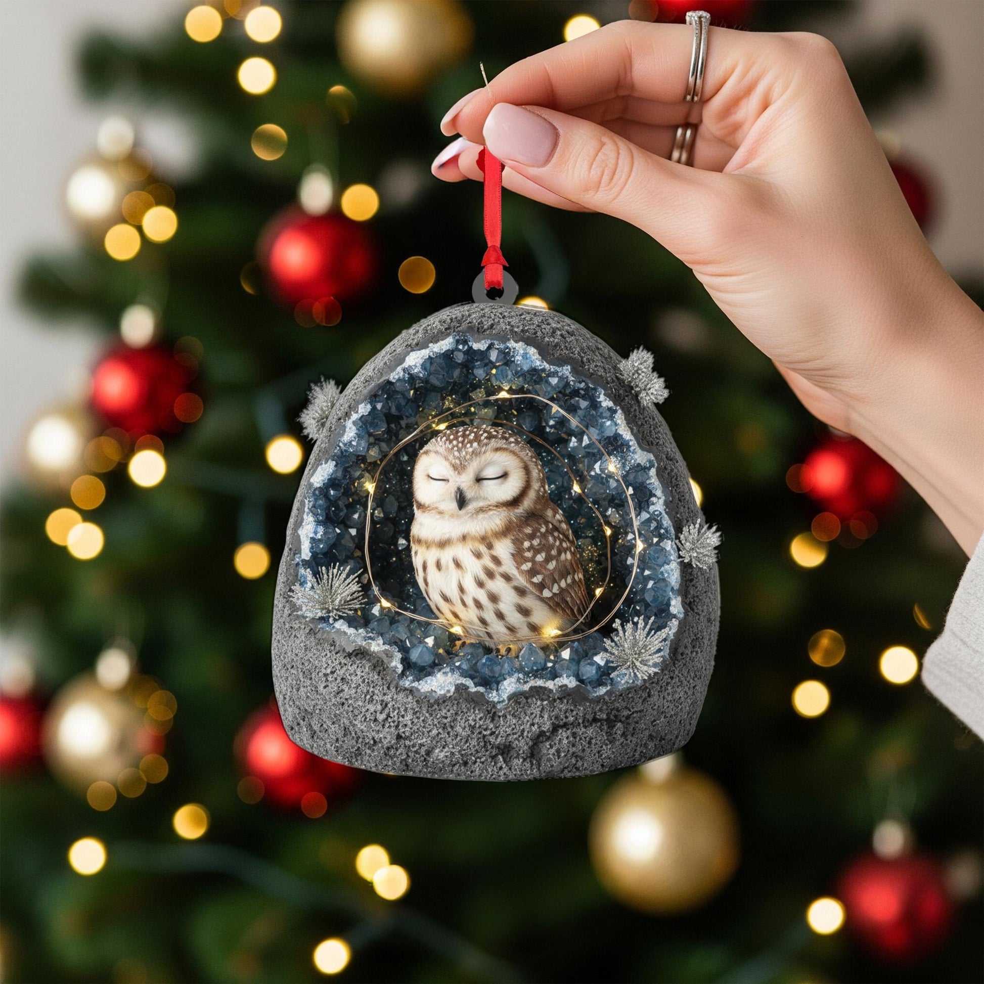 Owl Geode Christmas Ornament: Crystal Rock Holiday Decoration