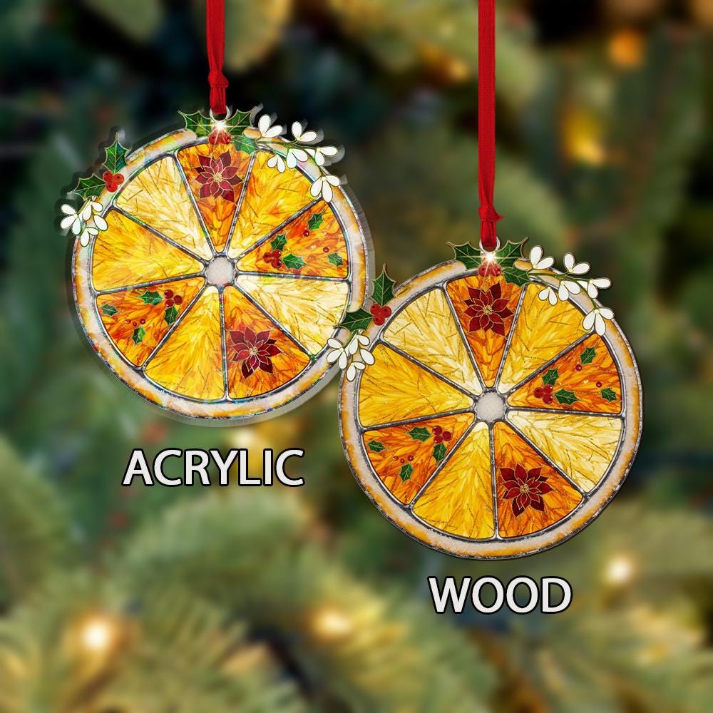 Orange Slice Holographic Ornament – Holiday Tree Decoration with Poinsettia and Holly Accents