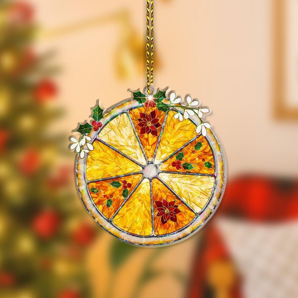 Orange Slice Holographic Ornament – Holiday Tree Decoration with Poinsettia and Holly Accents