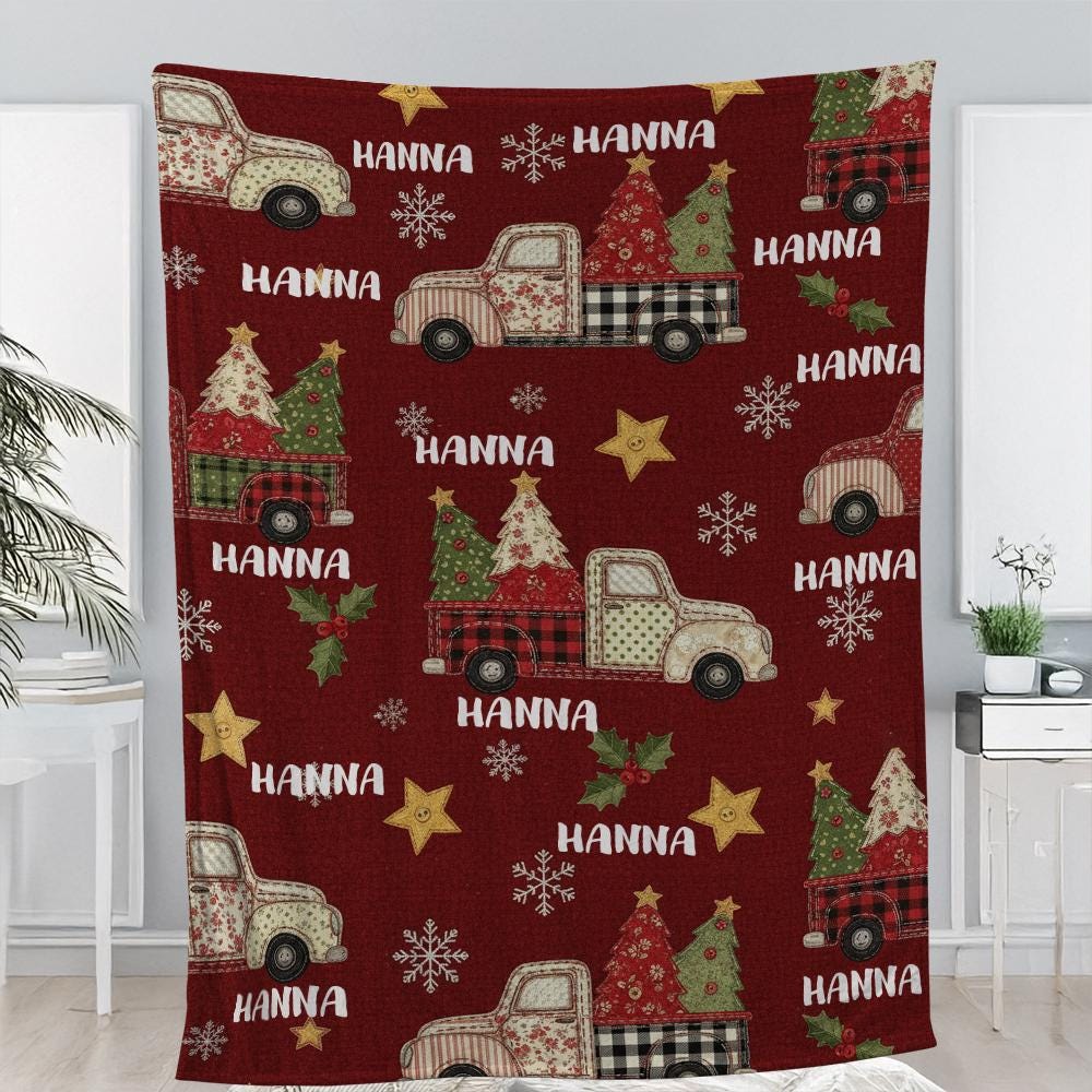 Custom Name Christmas Blanket, Personalized Fleece Throw with Vintage Truck and Trees