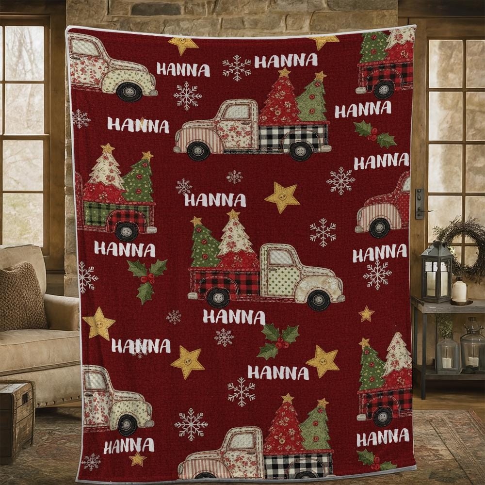 Custom Name Christmas Blanket, Personalized Fleece Throw with Vintage Truck and Trees