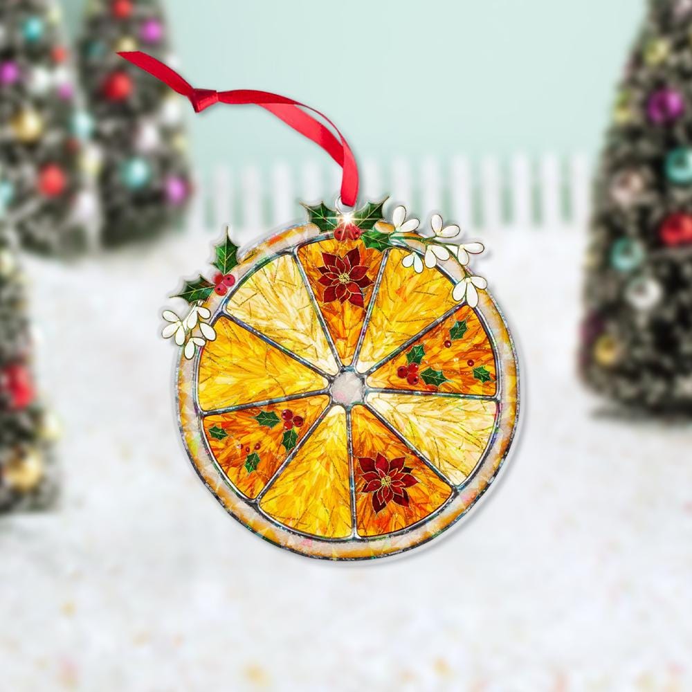 Orange Slice Holographic Ornament – Holiday Tree Decoration with Poinsettia and Holly Accents