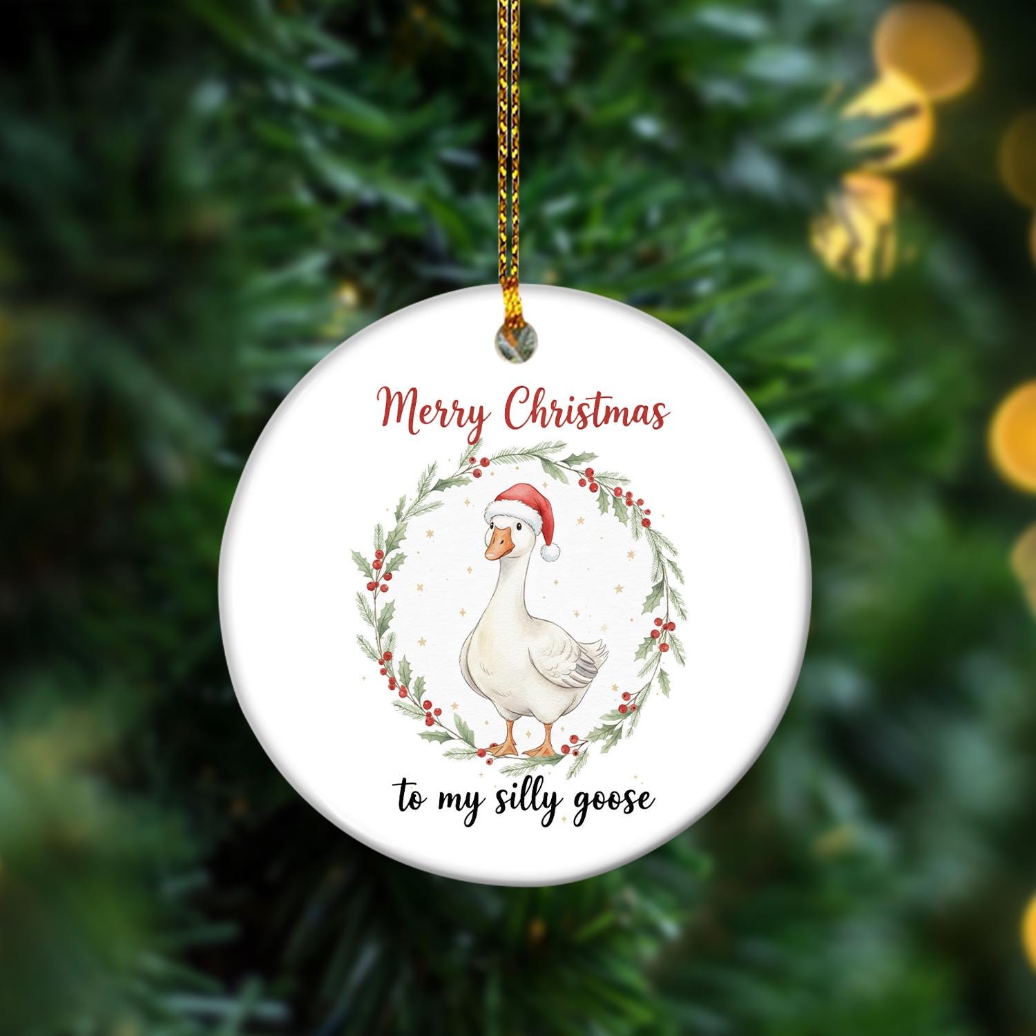 Ceramic Christmas Ornament – Goose with Santa Hat Holiday Tree Decoration