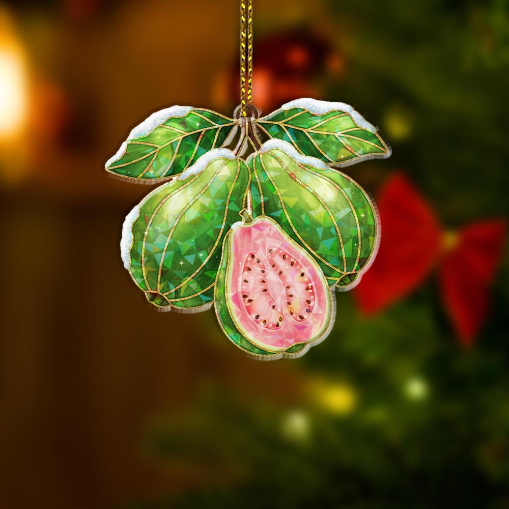 Guava Holographic Ornament – Holiday Tree Decoration with Green Leaves and Pink Fruit Design