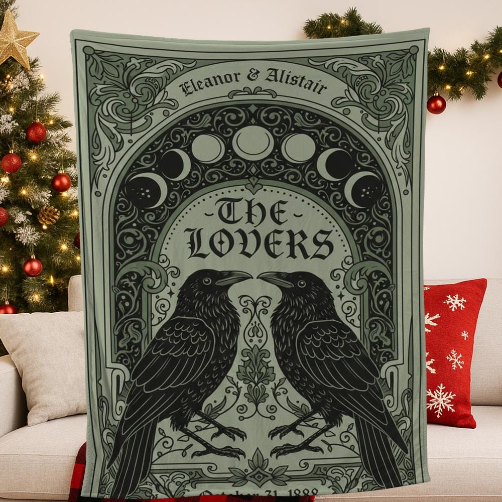 Custom Fleece Blanket with Ravens and Moon Phases, Gothic Tarot Lovers Tapestry Throw
