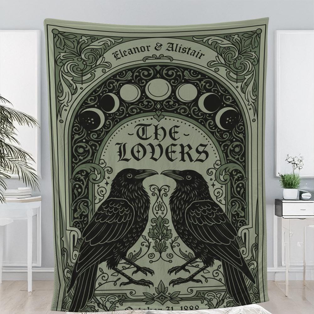 Custom Fleece Blanket with Ravens and Moon Phases, Gothic Tarot Lovers Tapestry Throw