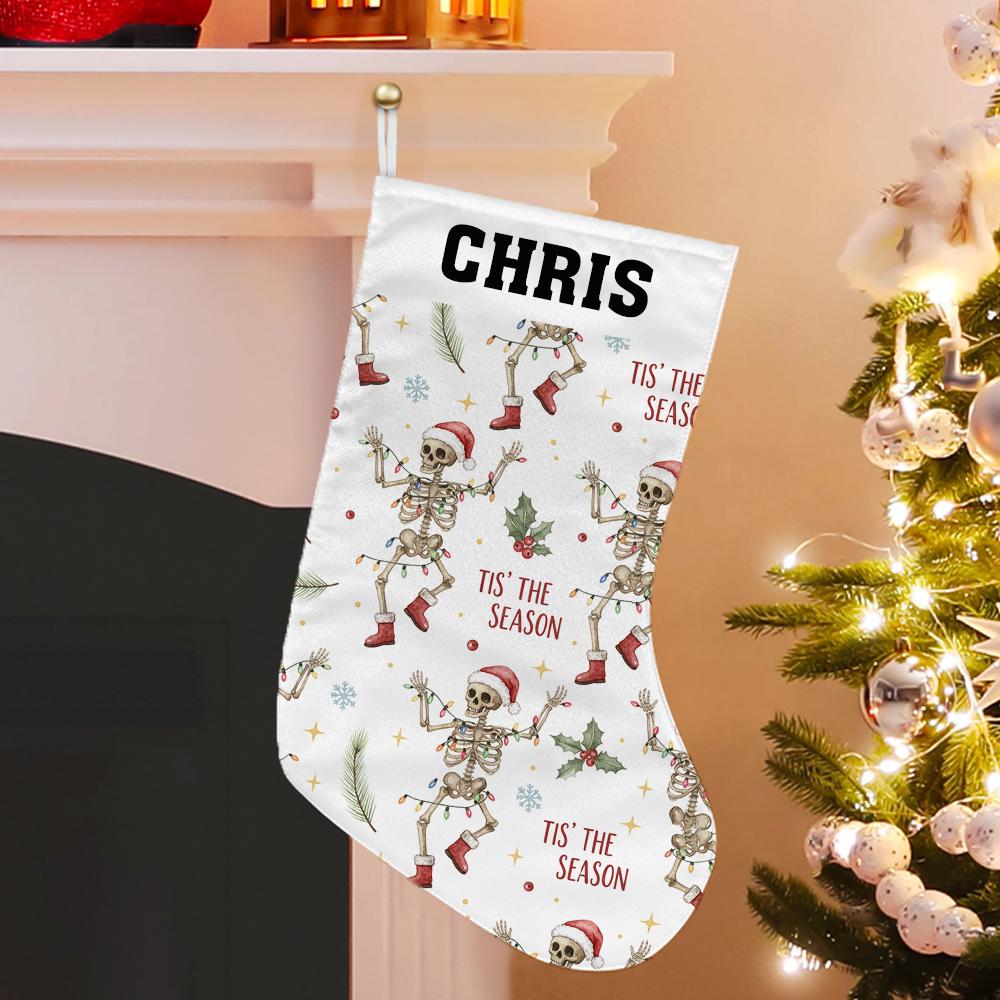 Personalized Skeleton Christmas Stocking, Custom Name Holiday Fireplace Decor
