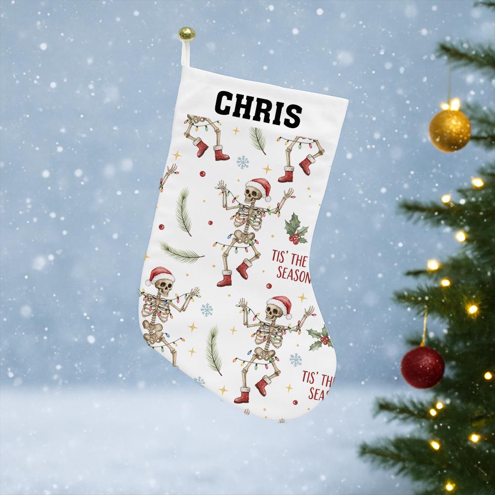 Personalized Skeleton Christmas Stocking, Custom Name Holiday Fireplace Decor
