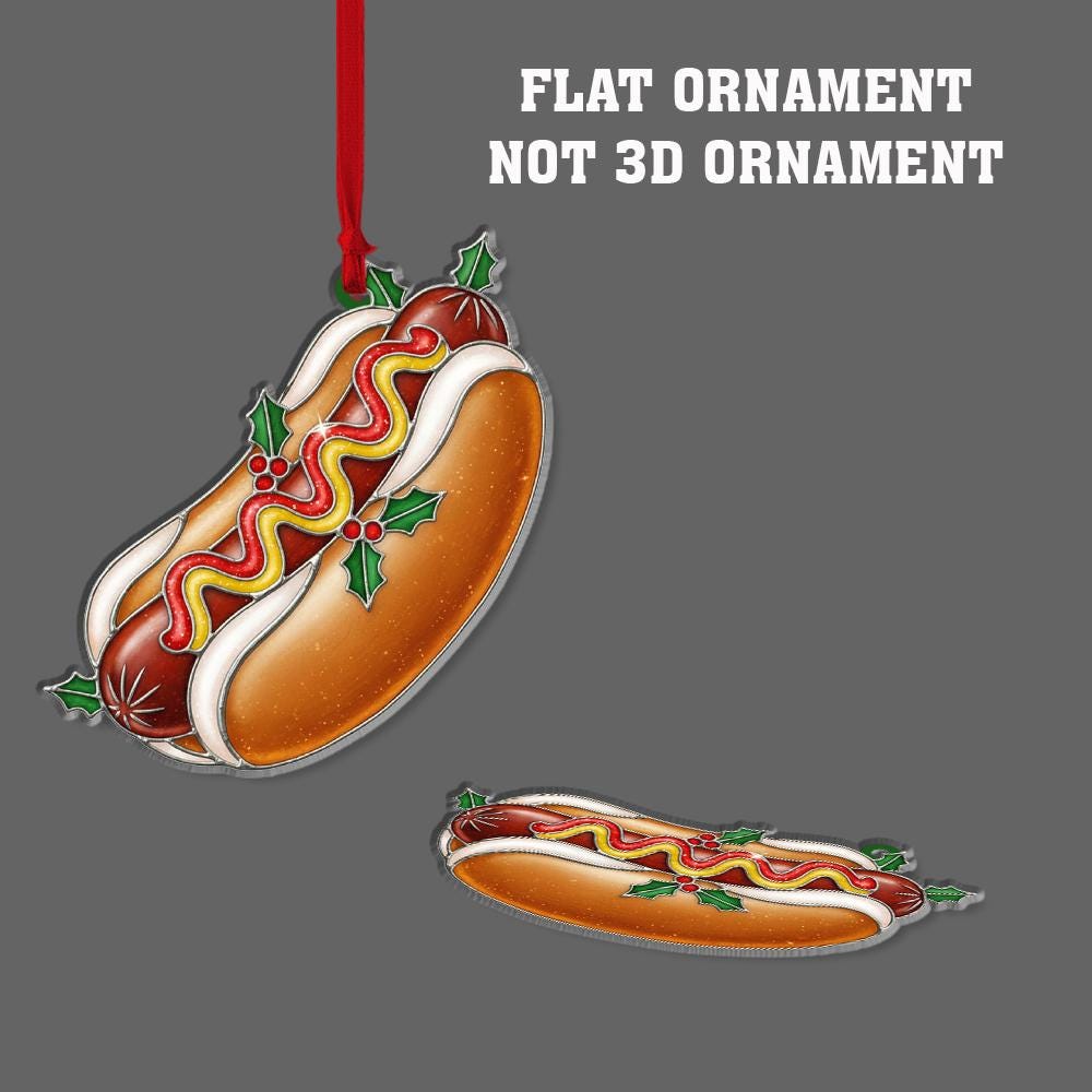 Hot Dog Ornament – Holiday Tree Decoration with Mustard Ketchup and Holly Design