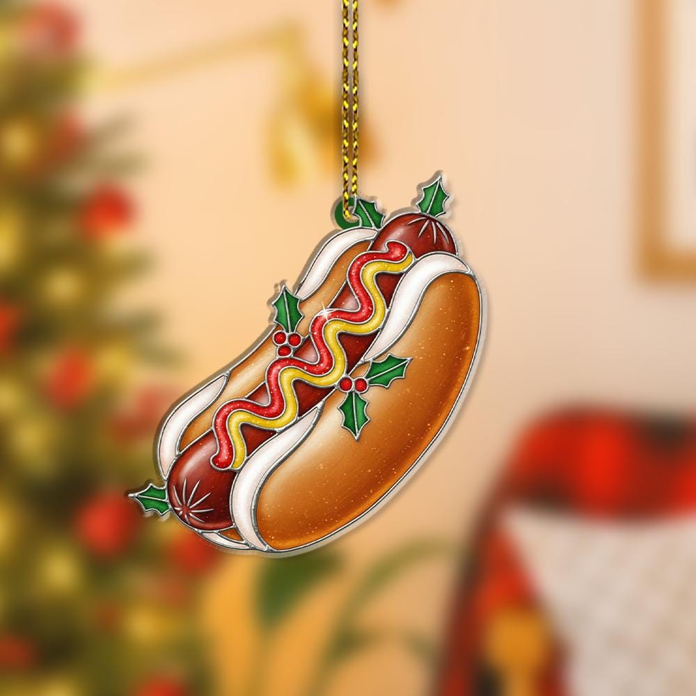Hot Dog Ornament – Holiday Tree Decoration with Mustard Ketchup and Holly Design