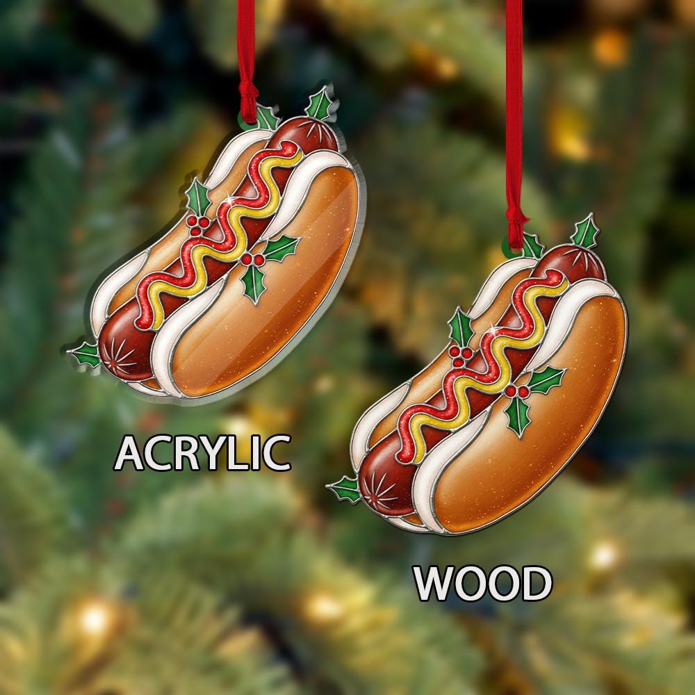 Hot Dog Ornament – Holiday Tree Decoration with Mustard Ketchup and Holly Design