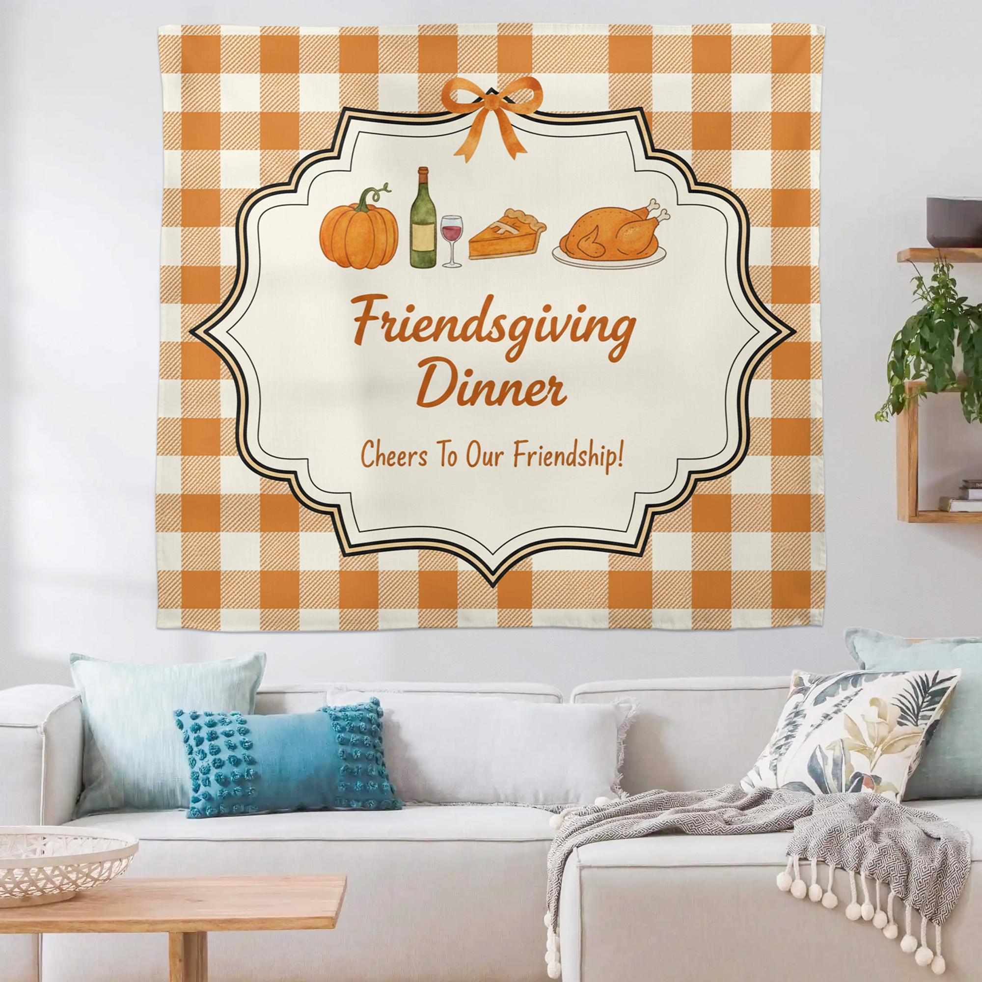 Friendsgiving Tapestry Wall Hanging with Pumpkin Pie and Turkey, Thanksgiving Dinner Decor
