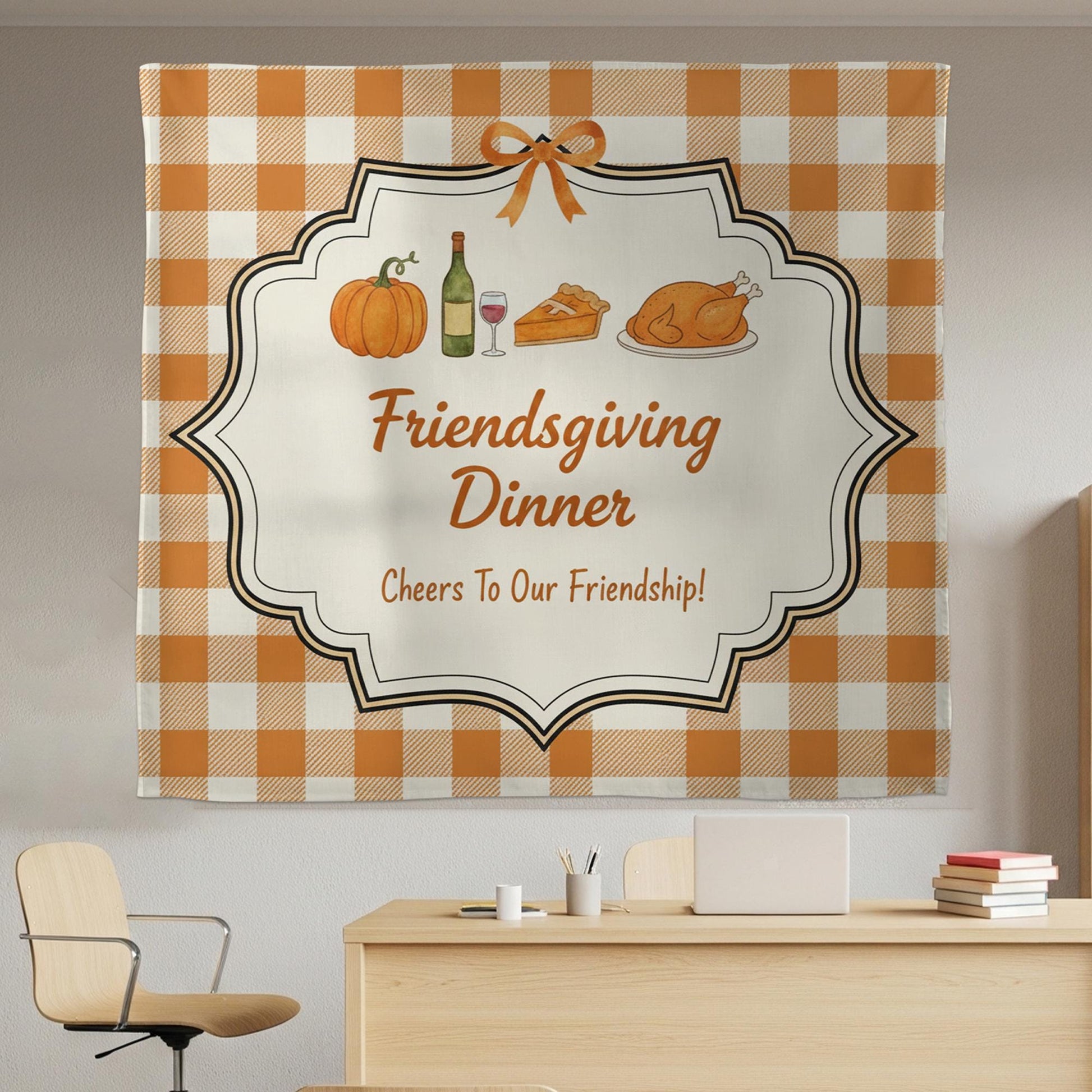 Friendsgiving Tapestry Wall Hanging with Pumpkin Pie and Turkey, Thanksgiving Dinner Decor