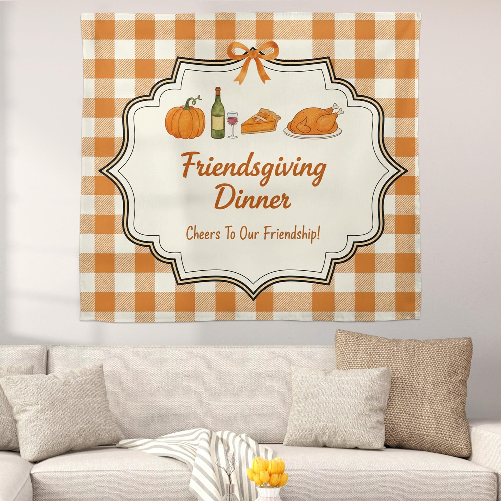 Friendsgiving Tapestry Wall Hanging with Pumpkin Pie and Turkey, Thanksgiving Dinner Decor