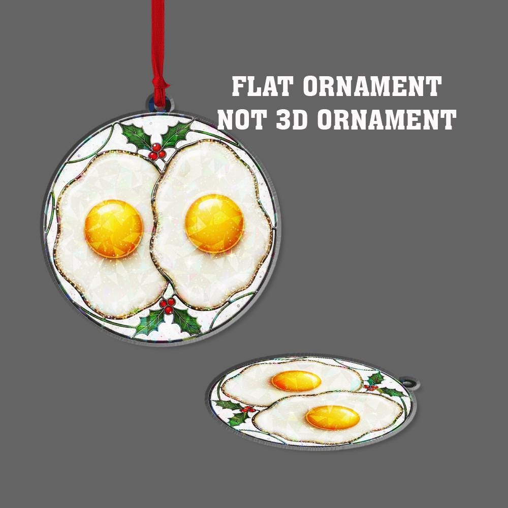 Fried Eggs Hologram Ornament – Holiday Tree Decoration with Breakfast Food Design and Holly Accent