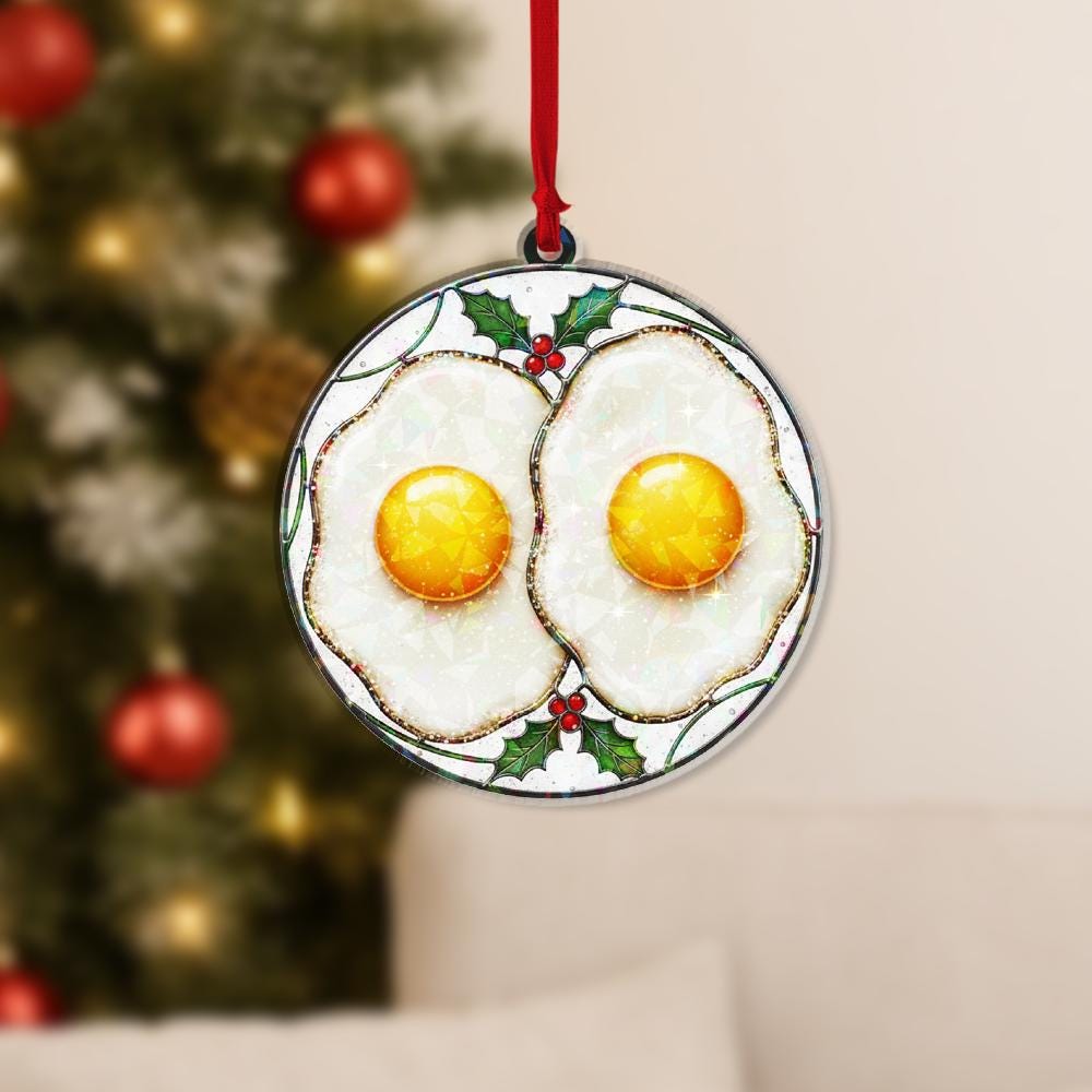 Fried Eggs Hologram Ornament – Holiday Tree Decoration with Breakfast Food Design and Holly Accent