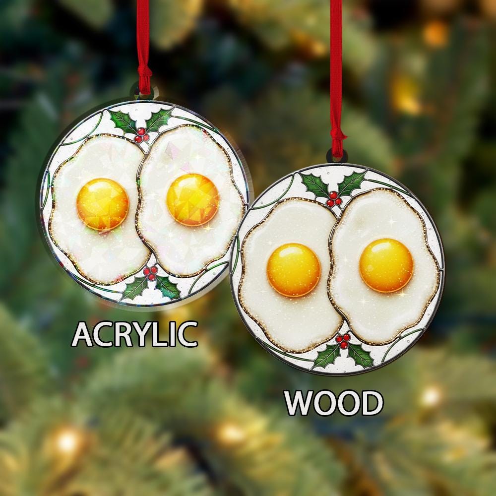 Fried Eggs Hologram Ornament – Holiday Tree Decoration with Breakfast Food Design and Holly Accent