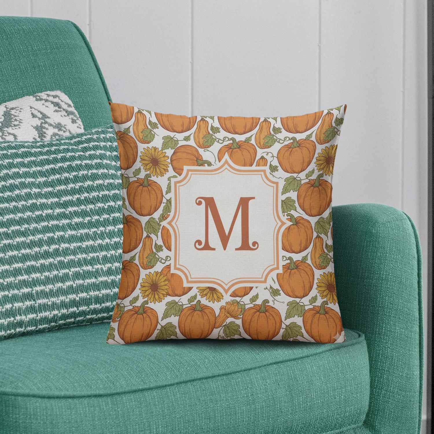 Personalized Pumpkin Pillow with Monogram, Fall Harvest Throw Cushion