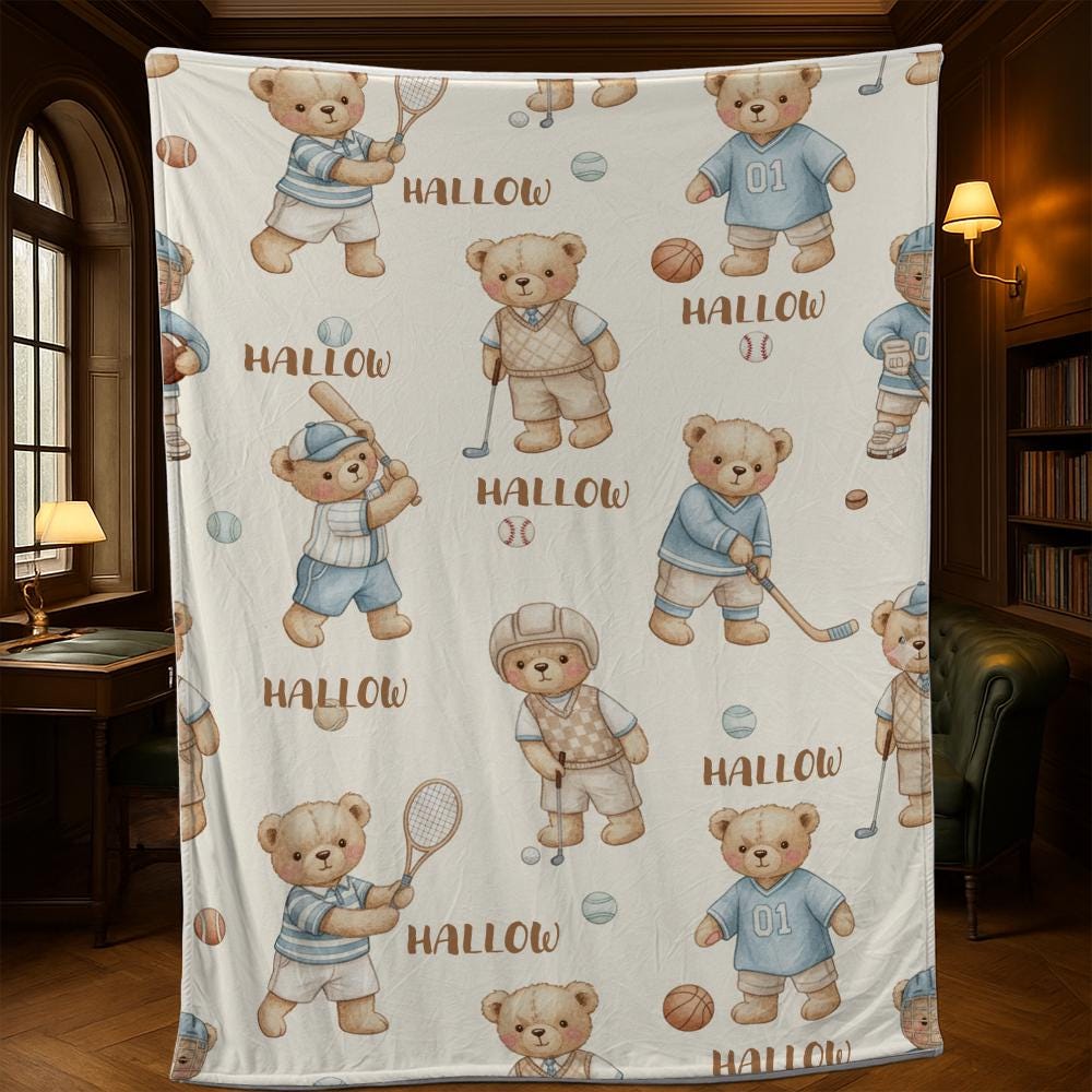 Custom Fleece Blanket with Sports Teddy Bears, Kids Cozy Throw