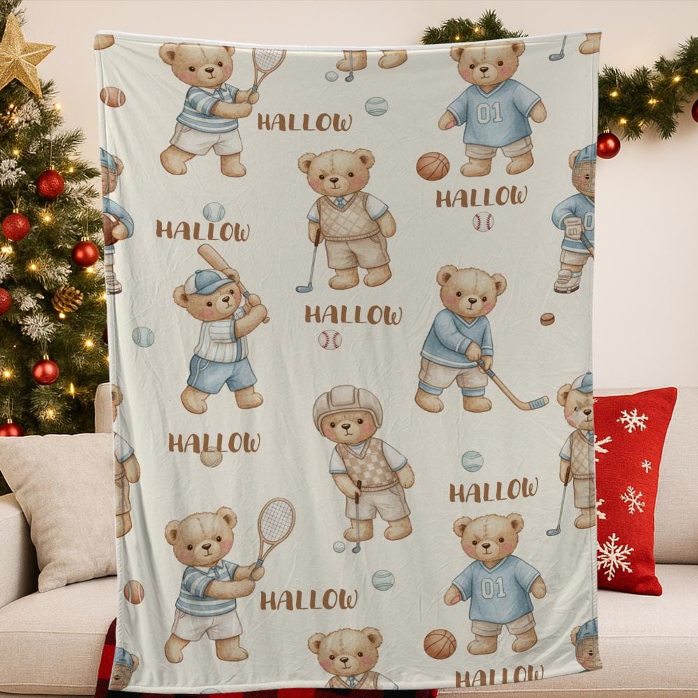 Custom Fleece Blanket with Sports Teddy Bears, Kids Cozy Throw