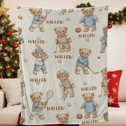 Custom Fleece Blanket with Sports Teddy Bears, Kids Cozy Throw