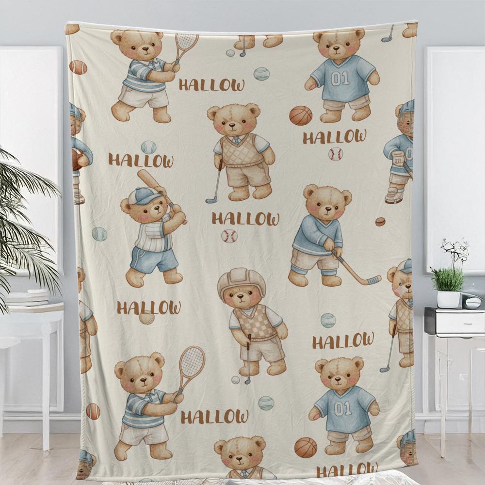 Custom Fleece Blanket with Sports Teddy Bears, Kids Cozy Throw