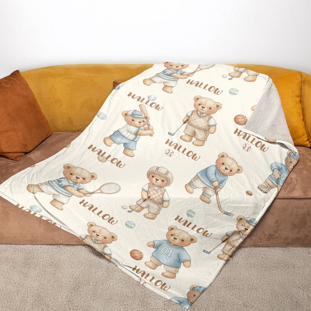 Custom Fleece Blanket with Sports Teddy Bears, Kids Cozy Throw