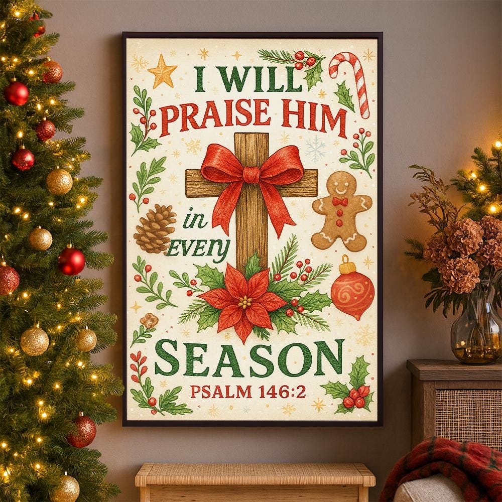 Christian Wall Art Poster – Scripture Print with Cross Bible Verse and Seasonal Holiday Design