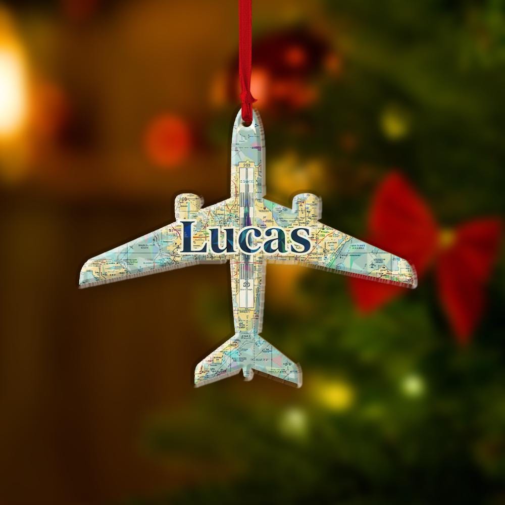 Personalized Airplane Ornament with VFR Sectional Chart Map, Custom Name Christmas Decoration
