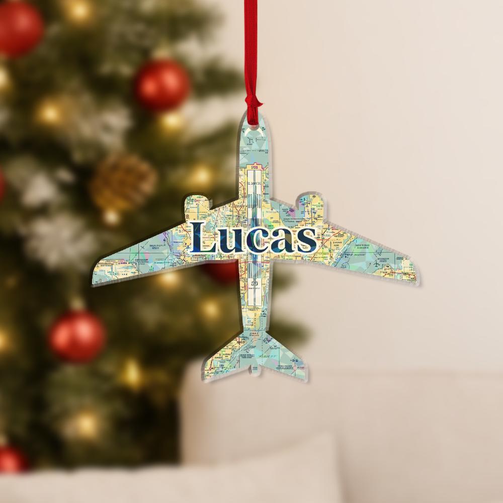 Personalized Airplane Ornament with VFR Sectional Chart Map, Custom Name Christmas Decoration