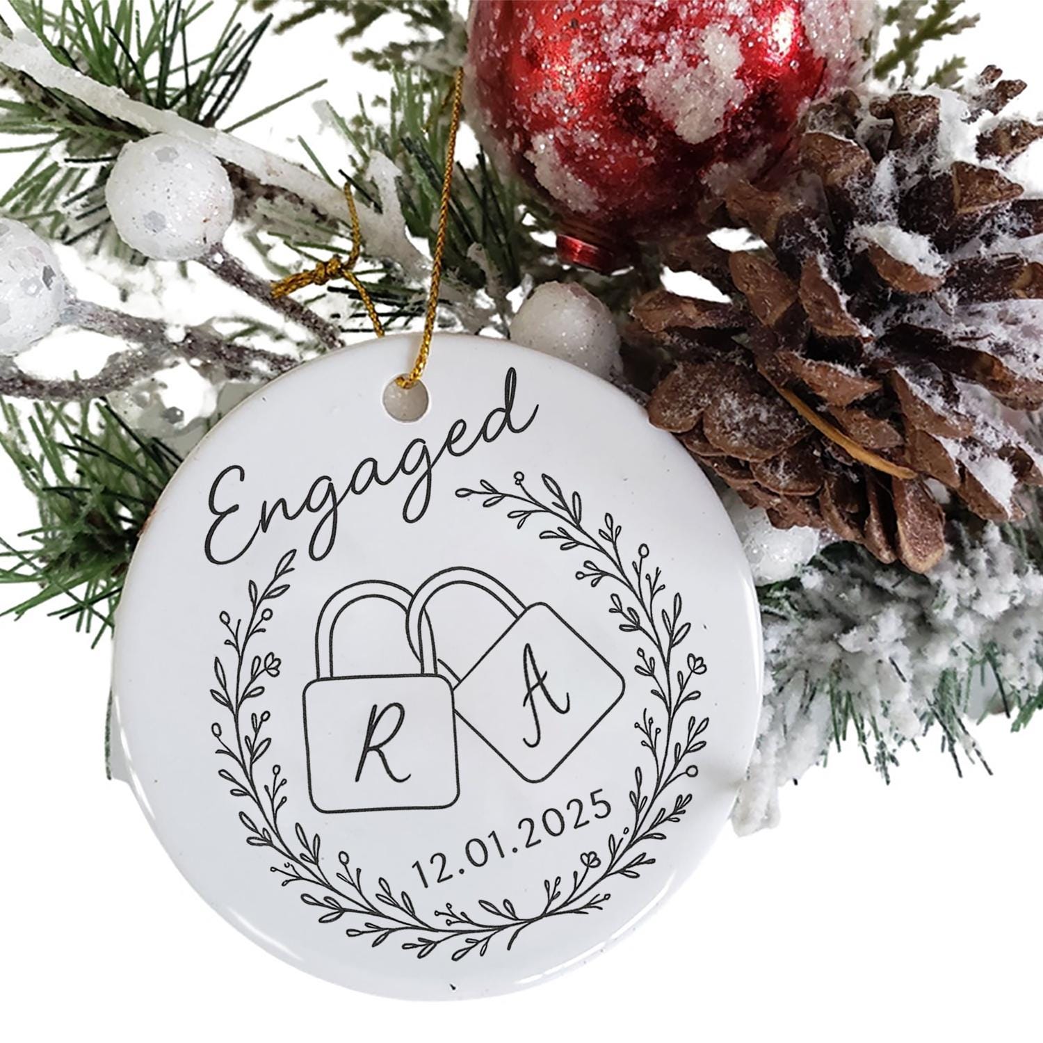 Engagement Ornament – Personalized Ceramic Ornament with Initials and Date – Couples Keepsake