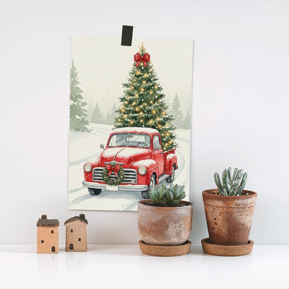 Red Truck Christmas Tree Poster: Vintage Holiday Wall Art