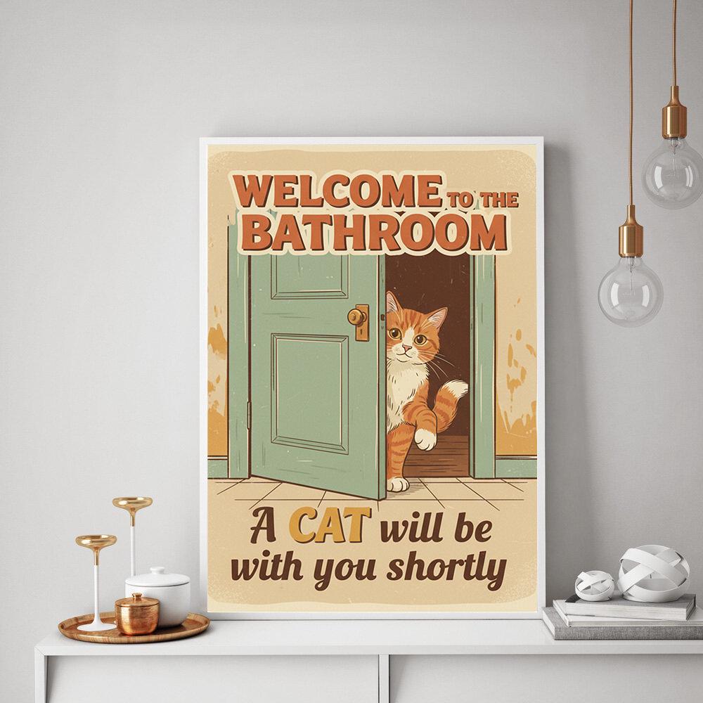 Cat Bathroom Poster – Funny Wall Art Print with Orange Cat and Retro Door Design