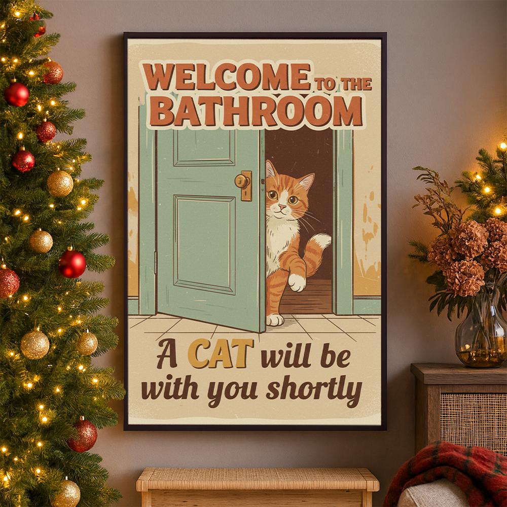 Cat Bathroom Poster – Funny Wall Art Print with Orange Cat and Retro Door Design