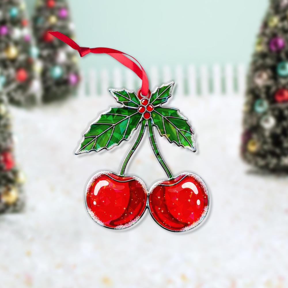 Cherry Ornament – Holiday Tree Decoration with Red Fruit and Holly Leaf Design
